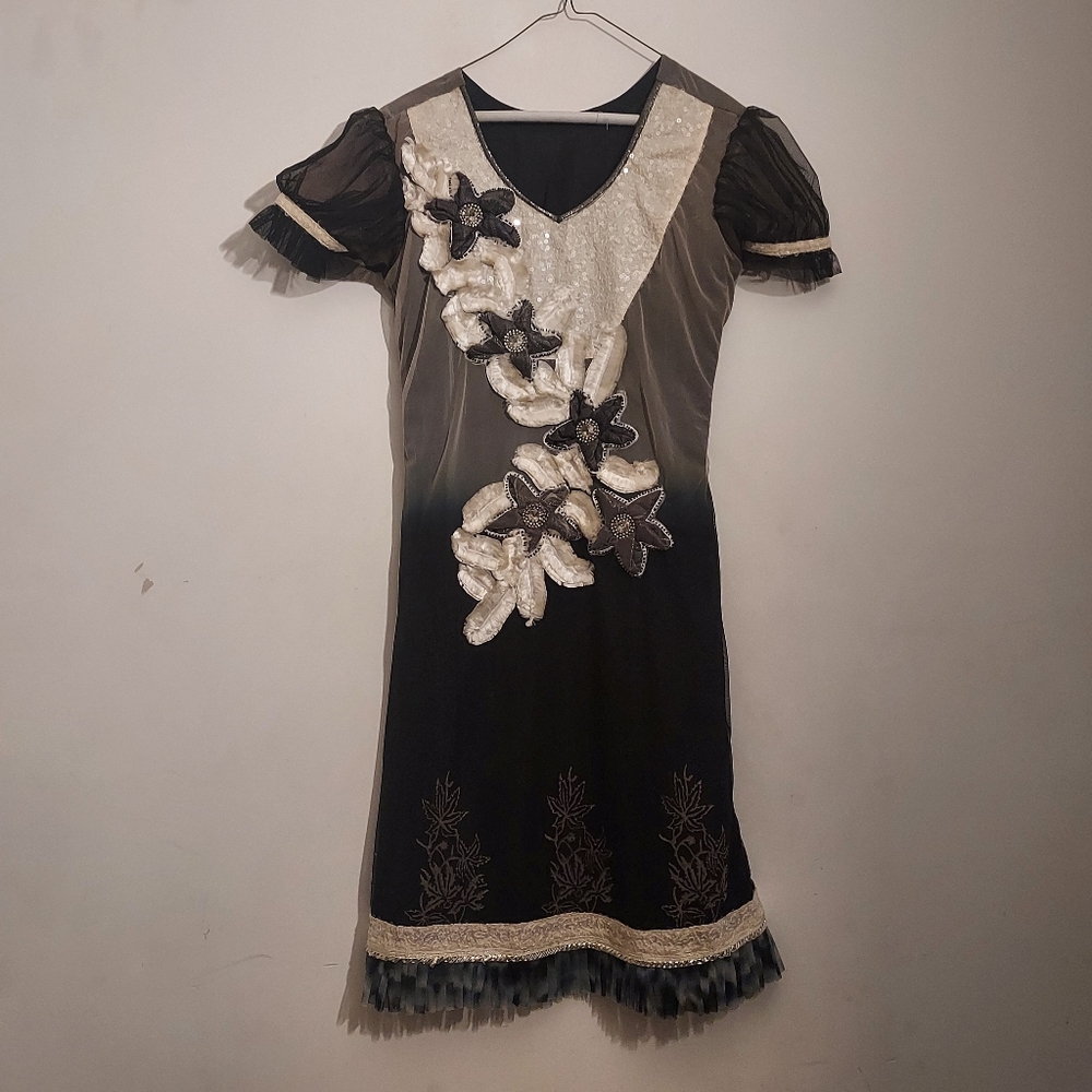 Vintage 90's Y2K embroidered sparkle feather midi dress ~ tunic - Picture 10 of 16
